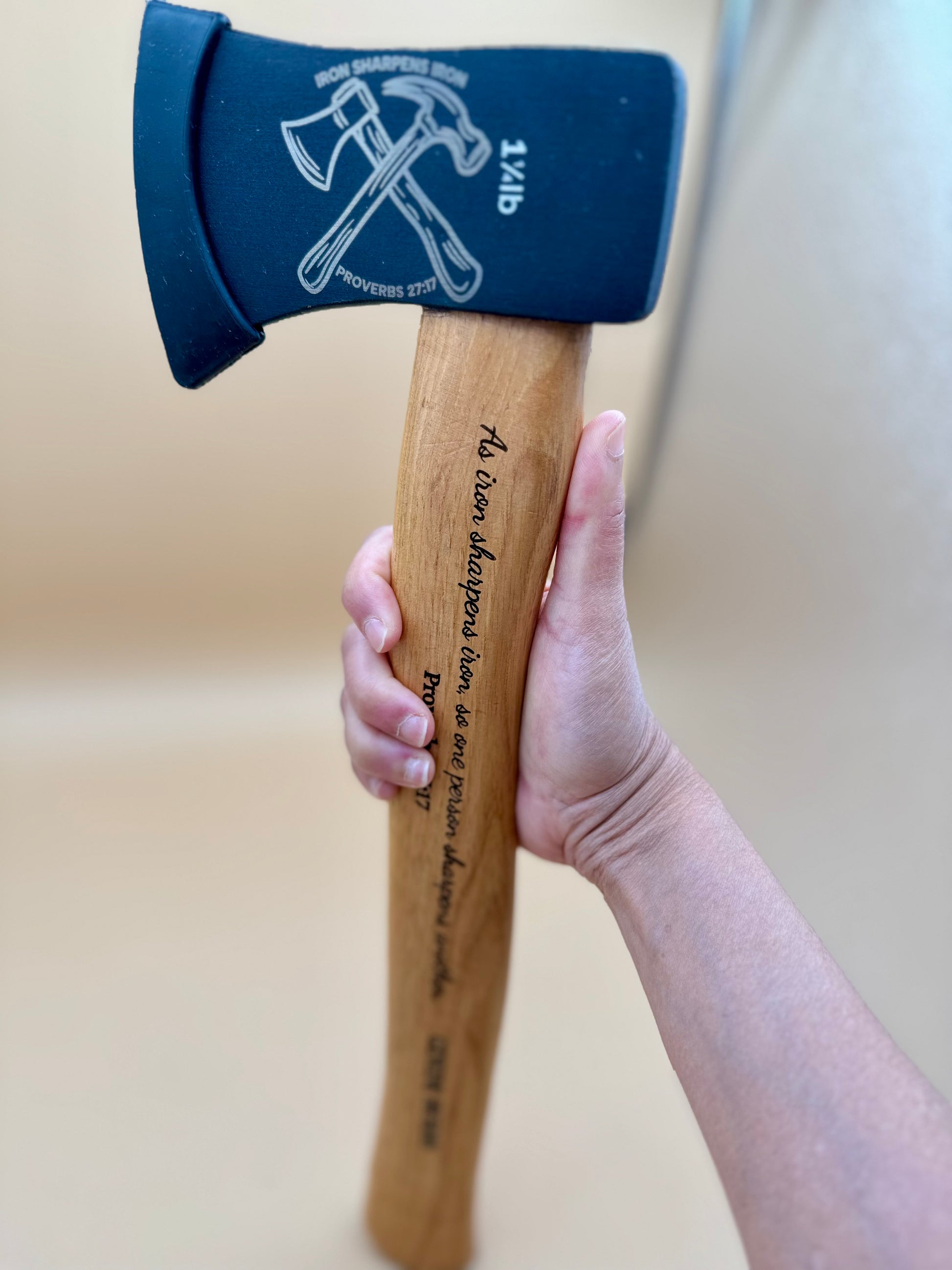 Iron Sharpens Iron Engraved Hickory Camp Axe (Proverbs 27:17) - Full handheld Iron Sharpens Iron camp axe with engraved genuine hickory handle — His Word Designs