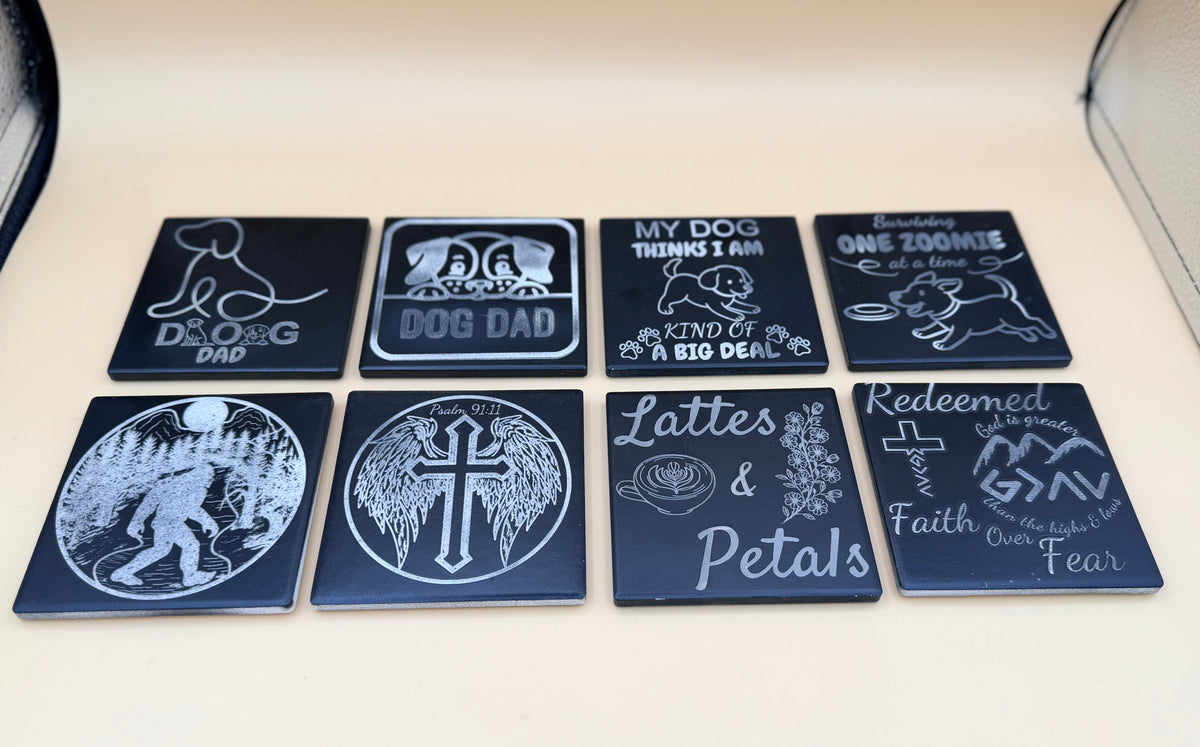 Black Matte Ceramic Drink Coasters | Laser Engraved Pet & Lifestyle Art - His Word Designs