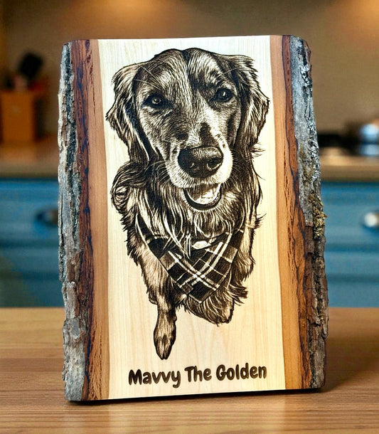 Custom Engraved Pet Portrait Board – Personalized Live Edge Wood - HisWord Designs
