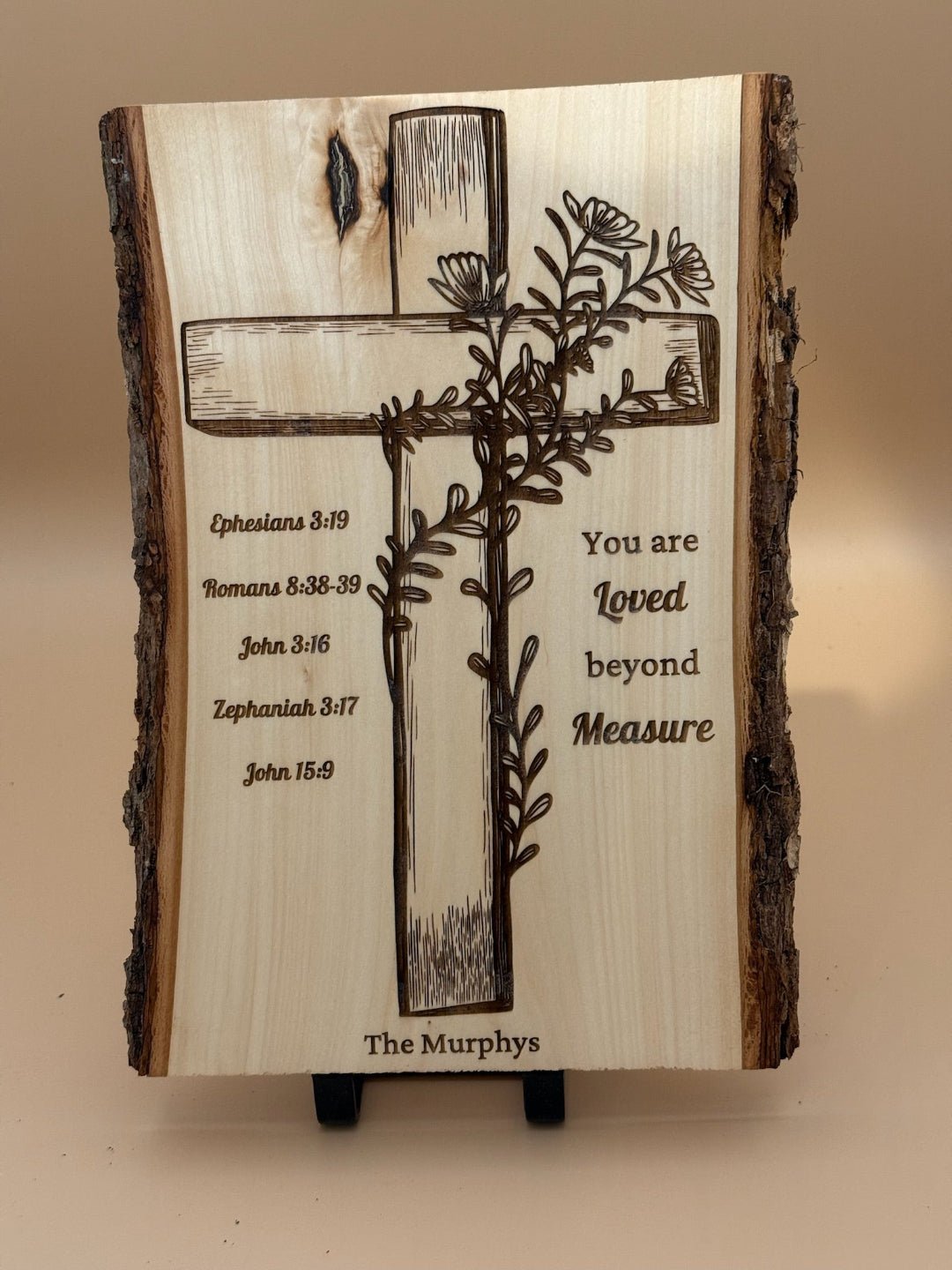 Christian Live Edge Wood Cross Wall Decor – You Are Loved Beyond Measure – Personalized Scripture Family Sign - HisWord Designs