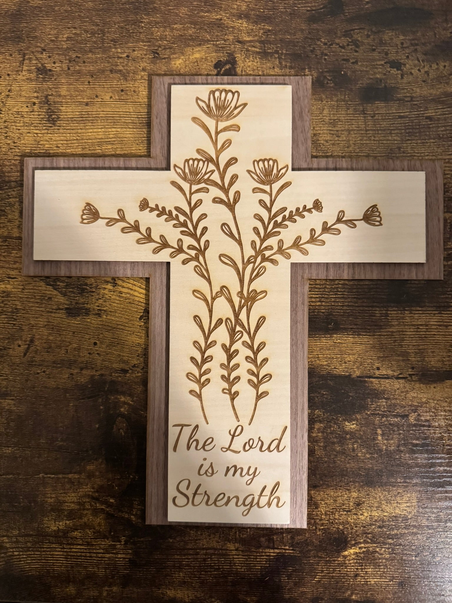 Laser - Engraved Wooden Cross – "The Lord is my strength" Wall Art - HisWord Designs