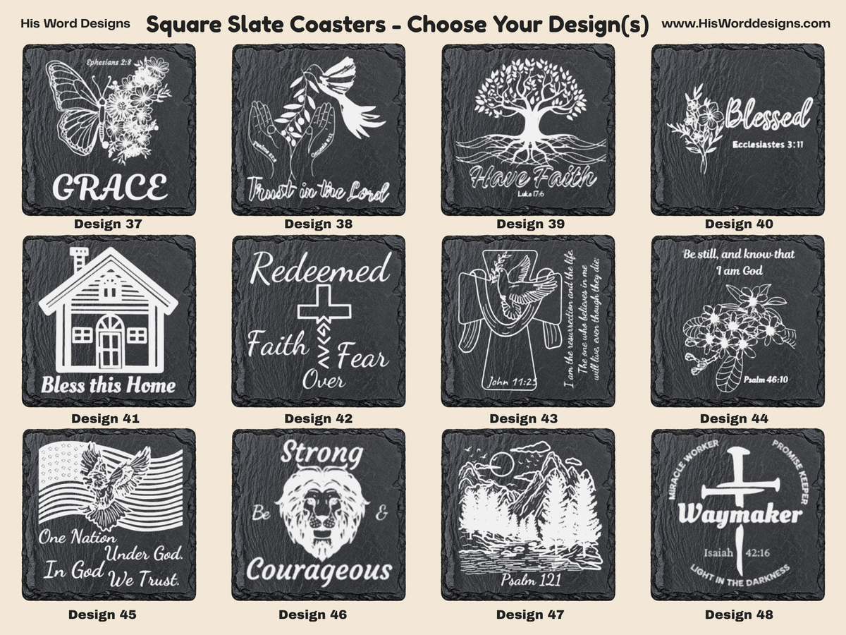 Square Slate Coasters | Engraved Scripture, Nature & Rustic Art - Square Slate Coasters | Engraved Scripture, Nature & Rustic Art
