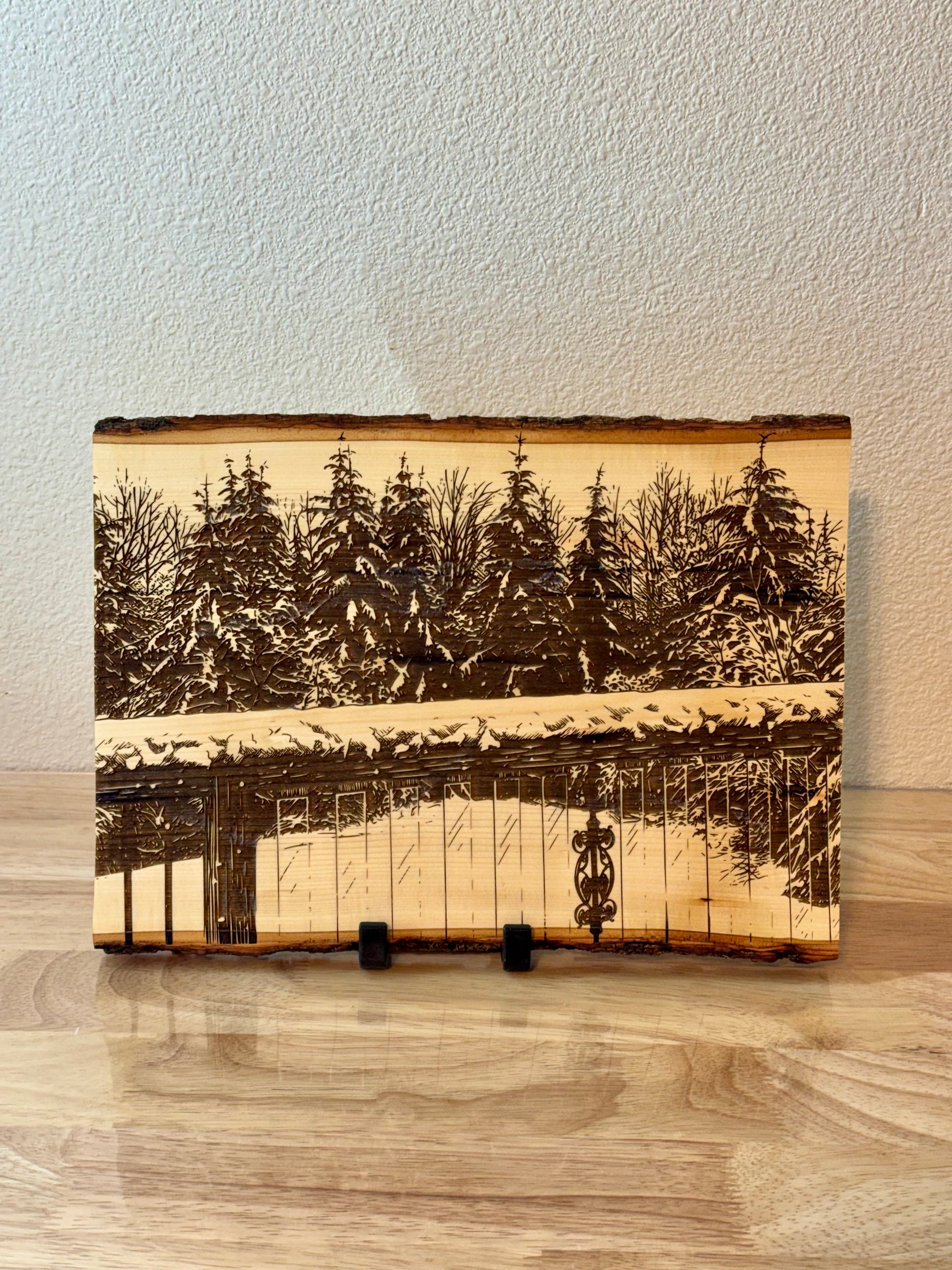 Winter Wonderland Live Edge Wood Art - Pacific Northwest Snow Scene - Live edge wood plaque engraved with a snowy Pacific Northwest forest and winter scene — His Word Designs