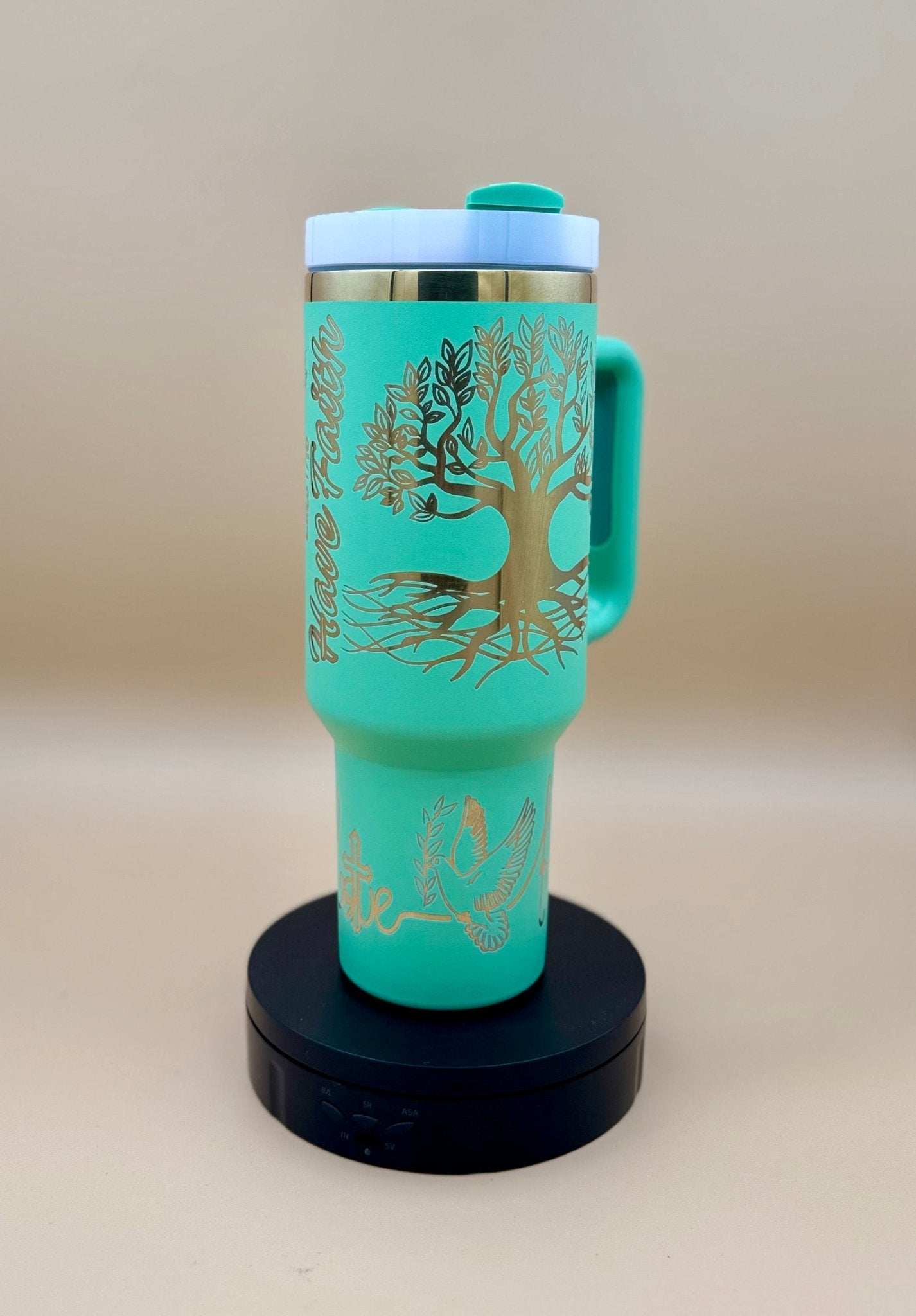 "Rooted in Christ" Hand - Drawn 40oz Teal Tumbler – Original Tree of Life & Scripture Engraved Travel Mug - His Word Designs