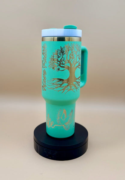 "Rooted in Christ" Hand - Drawn 40oz Teal Tumbler – Original Tree of Life & Scripture Engraved Travel Mug - His Word Designs