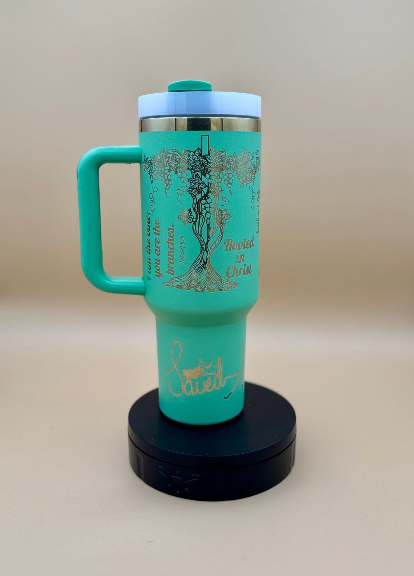 "Rooted in Christ" Hand - Drawn 40oz Teal Tumbler – Original Tree of Life & Scripture Engraved Travel Mug - His Word Designs
