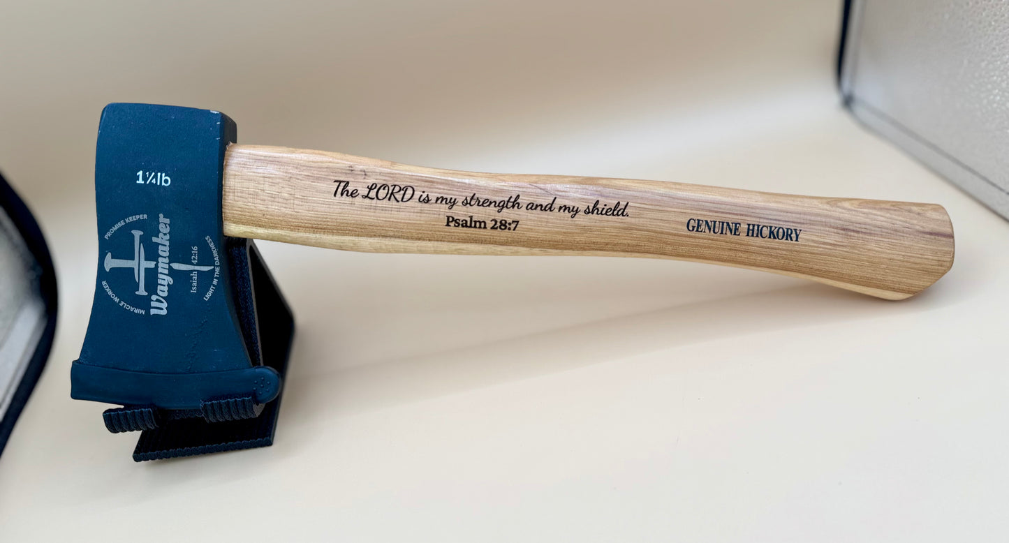 Waymaker Cross Laser Engraved Hickory Camp Hatchet (Psalm 28:7) - Waymaker cross camp hatchet laid flat with Psalm 28:7 engraved hickory handle — His Word Designs