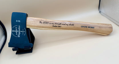 Waymaker Cross Laser Engraved Hickory Camp Hatchet (Psalm 28:7) - Waymaker cross camp hatchet laid flat with Psalm 28:7 engraved hickory handle — His Word Designs