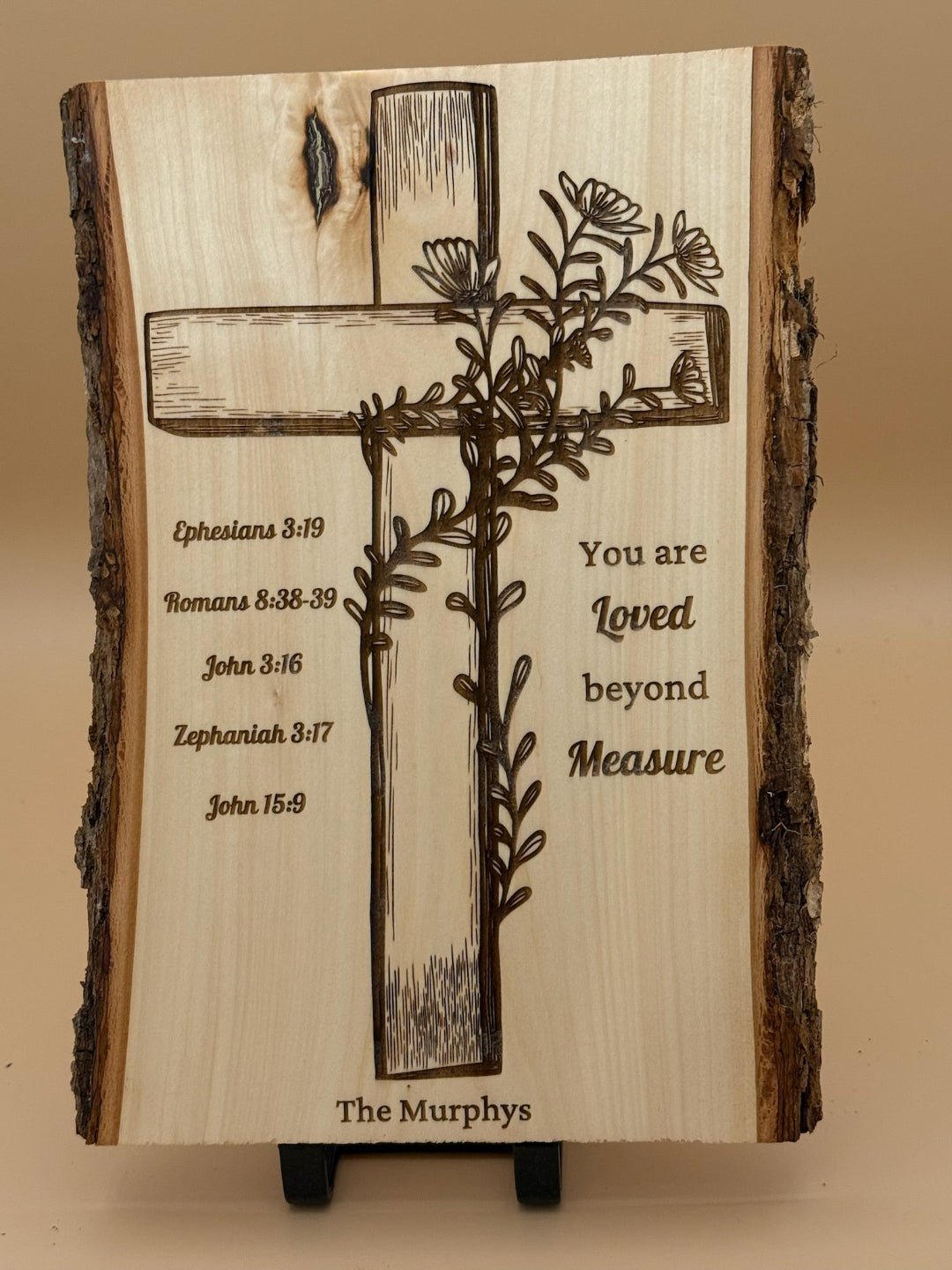 Christian Live Edge Wood Cross Wall Decor – You Are Loved Beyond Measure – Personalized Scripture Family Sign - HisWord Designs