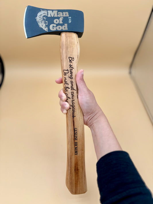 Man of God Laser Engraved Hickory Camp Hatchet (Deuteronomy 31:6) - Man of God hickory camp hatchet with Deuteronomy 31:6 engraving, held vertically — His Word Designs