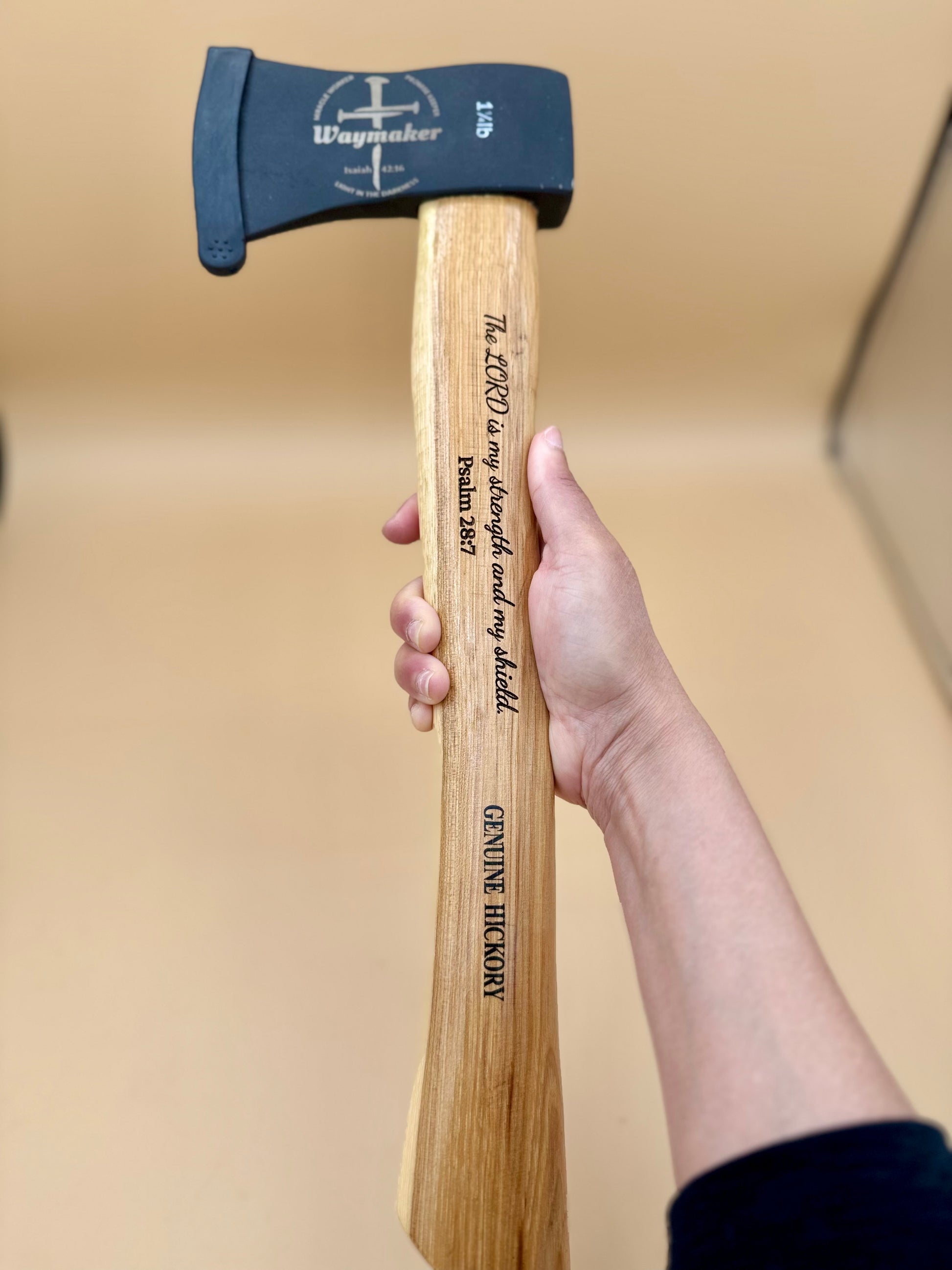 Waymaker Cross Laser Engraved Hickory Camp Hatchet (Psalm 28:7) - Full handheld Waymaker cross laser-engraved hickory camp hatchet — His Word Designs