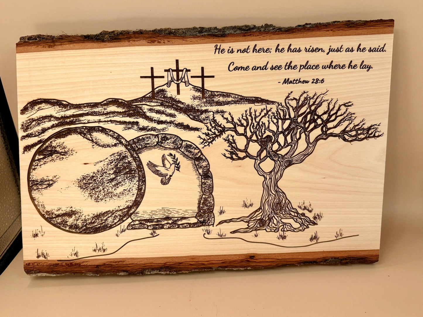 He Is Risen | Matthew 28:6 Engraved Live Edge Wood Wall Art | Resurrection Christian Decor | Empty Tomb Scripture Sign | Easter Faith Art - HisWord Designs