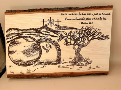 He Is Risen | Matthew 28:6 Engraved Live Edge Wood Wall Art | Resurrection Christian Decor | Empty Tomb Scripture Sign | Easter Faith Art - HisWord Designs