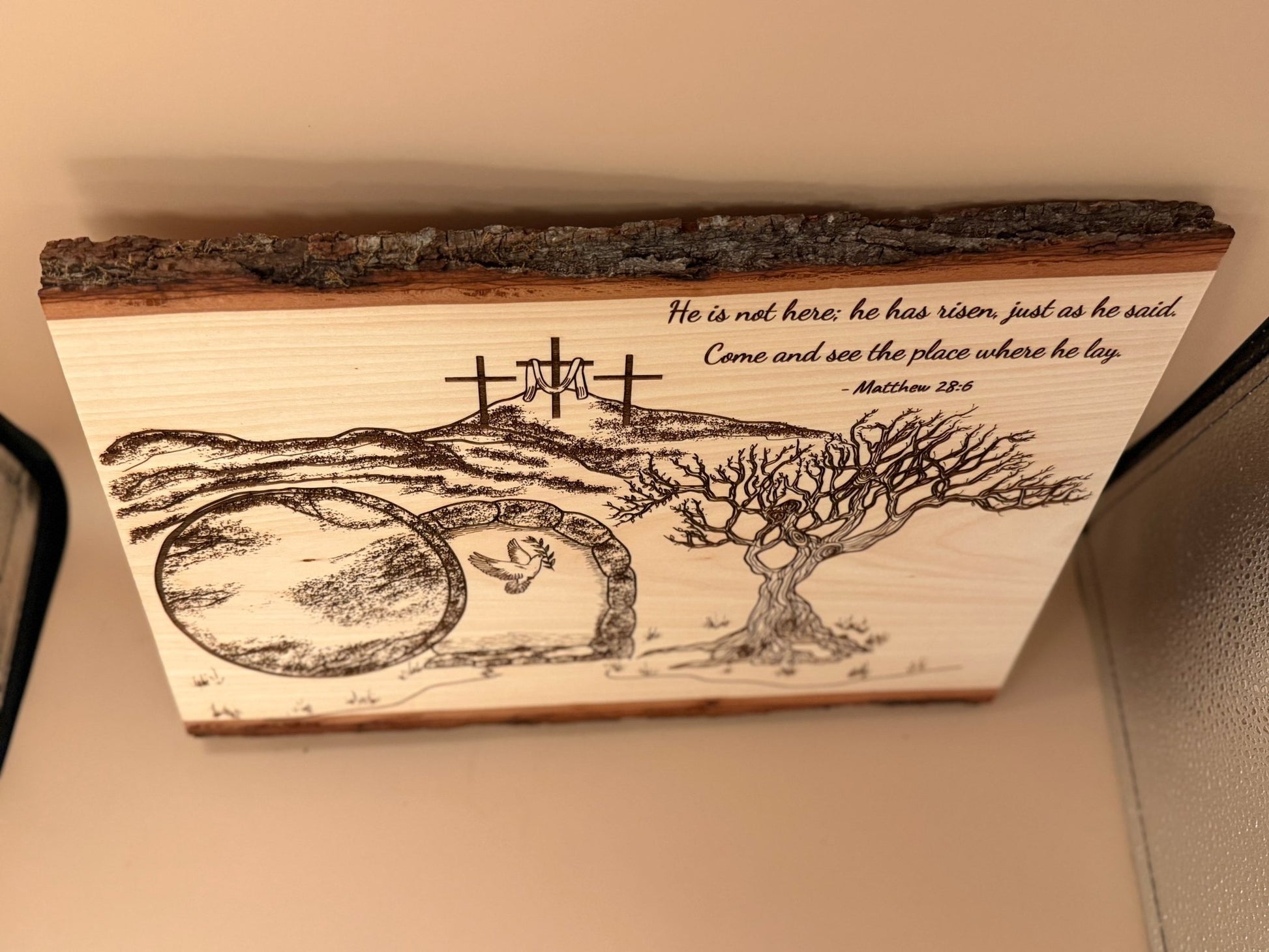 He Is Risen | Matthew 28:6 Engraved Live Edge Wood Wall Art | Resurrection Christian Decor | Empty Tomb Scripture Sign | Easter Faith Art - HisWord Designs