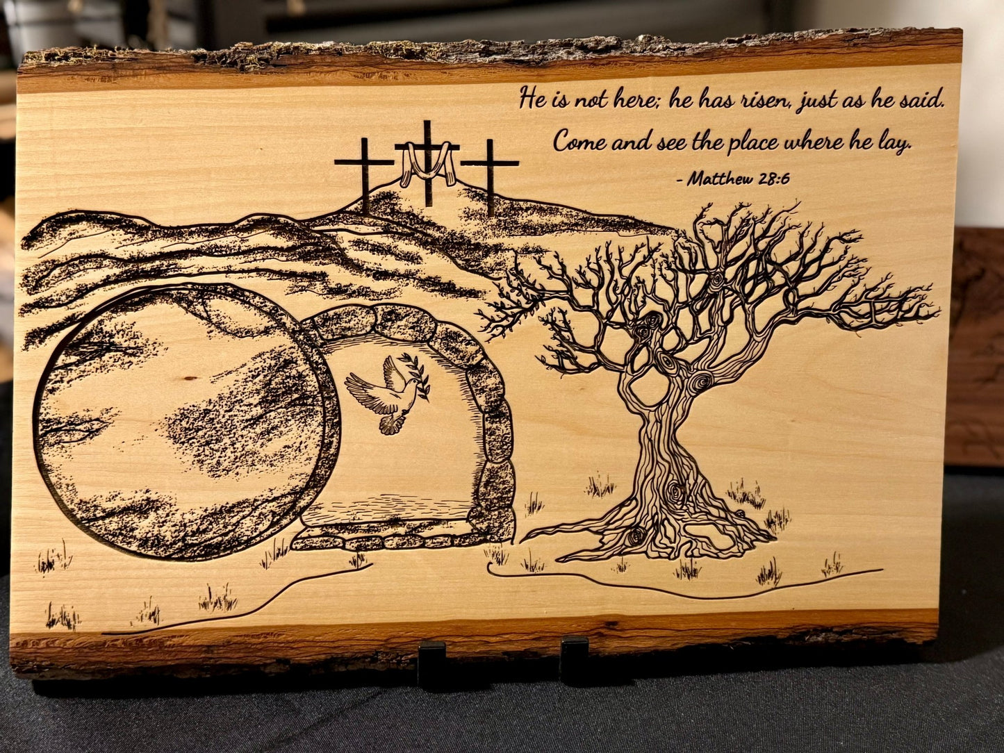 He Is Risen | Matthew 28:6 Engraved Live Edge Wood Wall Art | Resurrection Christian Decor | Empty Tomb Scripture Sign | Easter Faith Art - HisWord Designs
