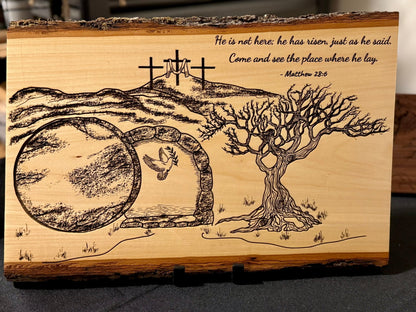 He Is Risen | Matthew 28:6 Engraved Live Edge Wood Wall Art | Resurrection Christian Decor | Empty Tomb Scripture Sign | Easter Faith Art - HisWord Designs