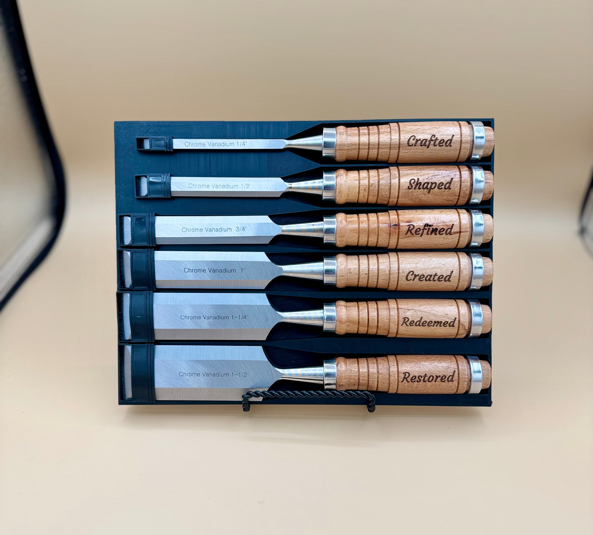 Engraved Hardwood Woodworking Chisel 6-Piece Set - Faith & Craftsmanship - Complete Faith and Craftsmanship engraved hardwood woodworking chisel set in fitted case — His Word Designs