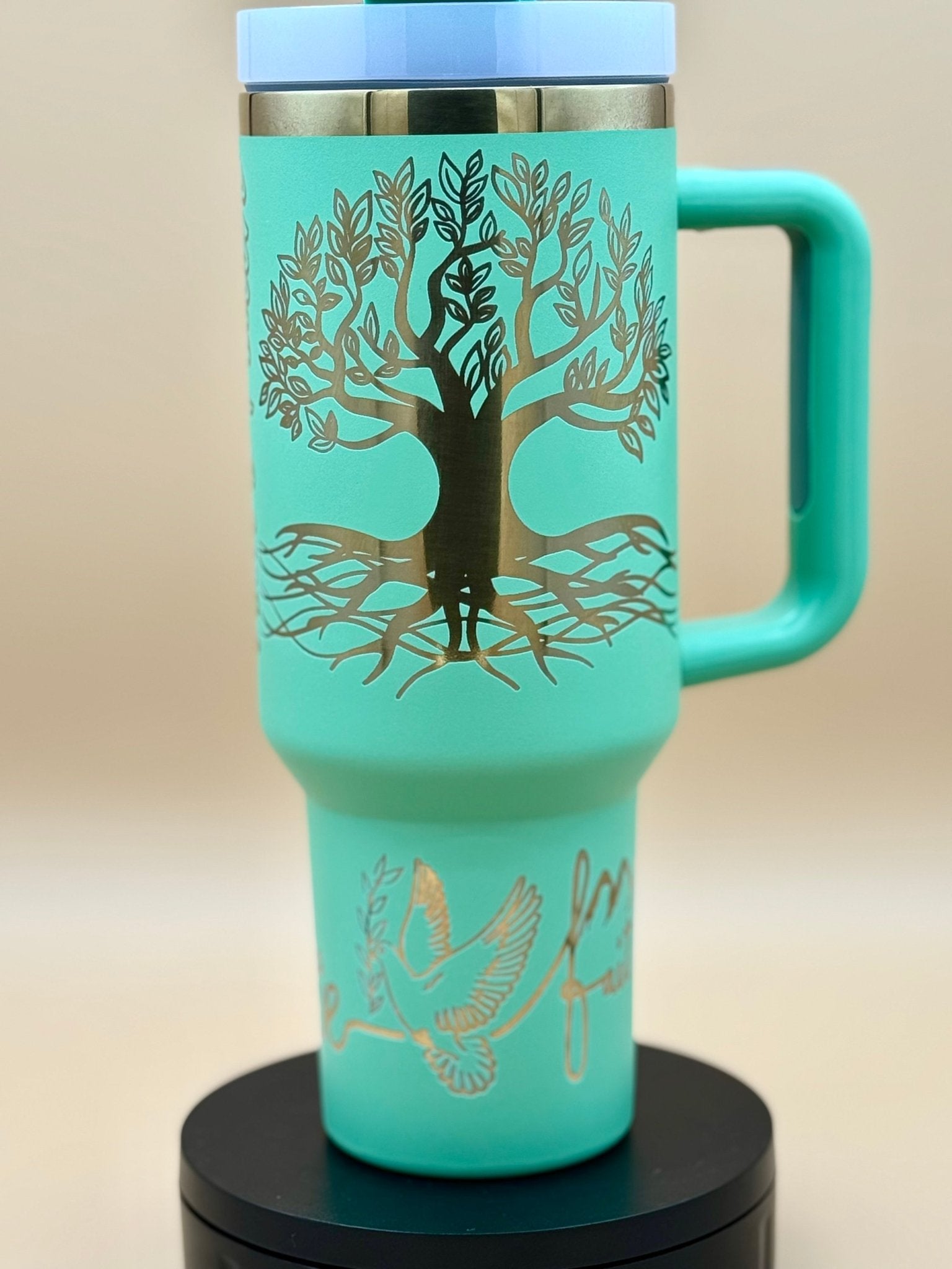 "Rooted in Christ" Hand - Drawn 40oz Teal Tumbler – Original Tree of Life & Scripture Engraved Travel Mug - His Word Designs