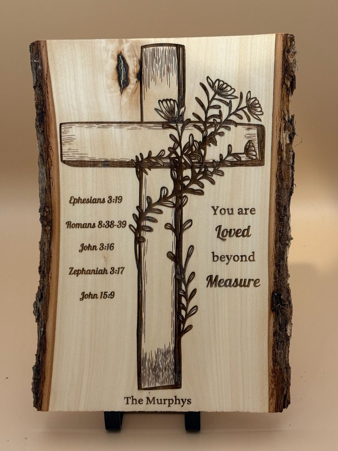 Christian Live Edge Wood Cross Wall Decor – You Are Loved Beyond Measure – Personalized Scripture Family Sign - HisWord Designs