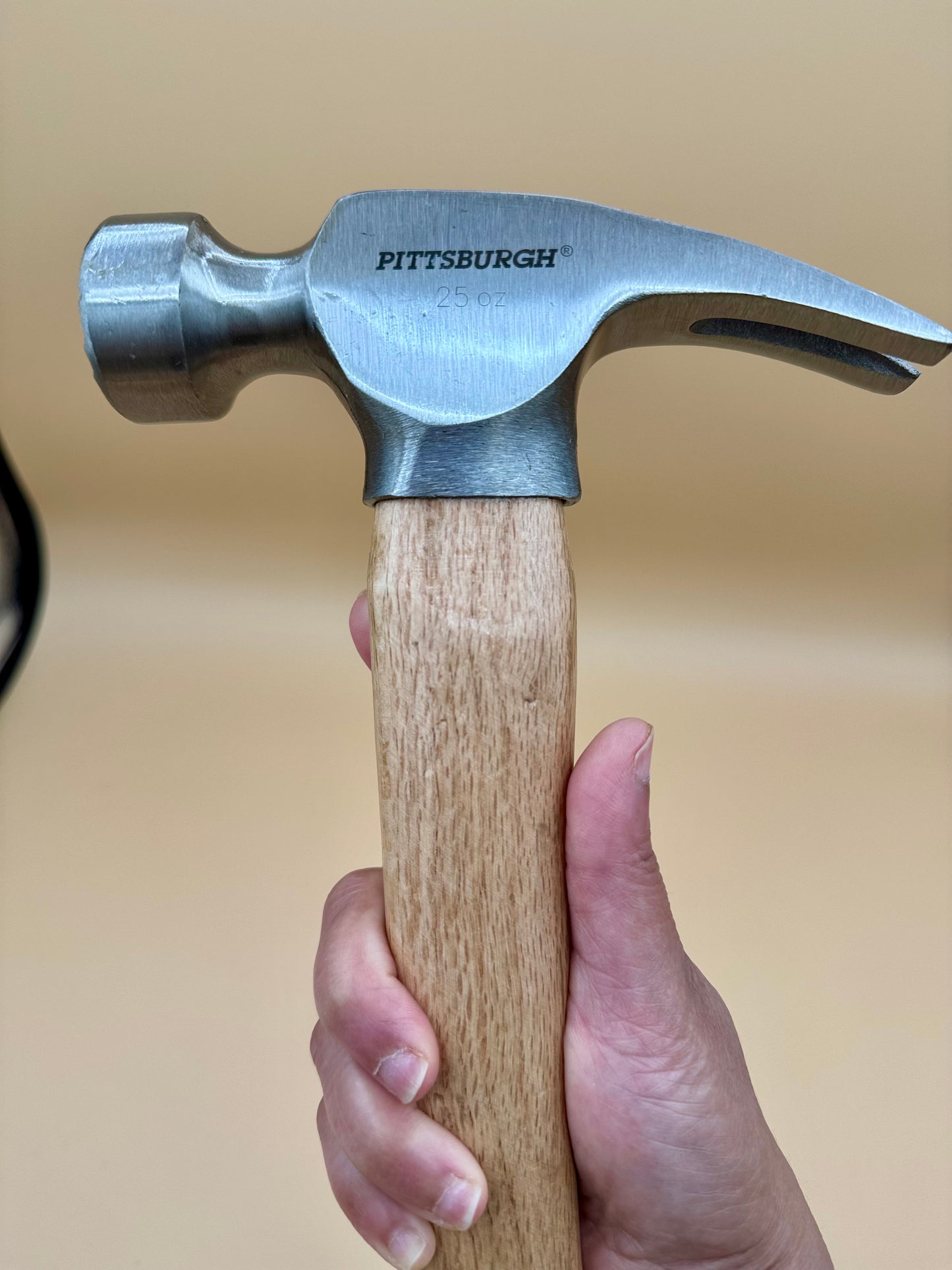 You Nailed It! Engraved Faith Claw Hammer - Carpenter's Cross Edition - Close-up of steel claw hammer head and natural hardwood handle — His Word Designs
