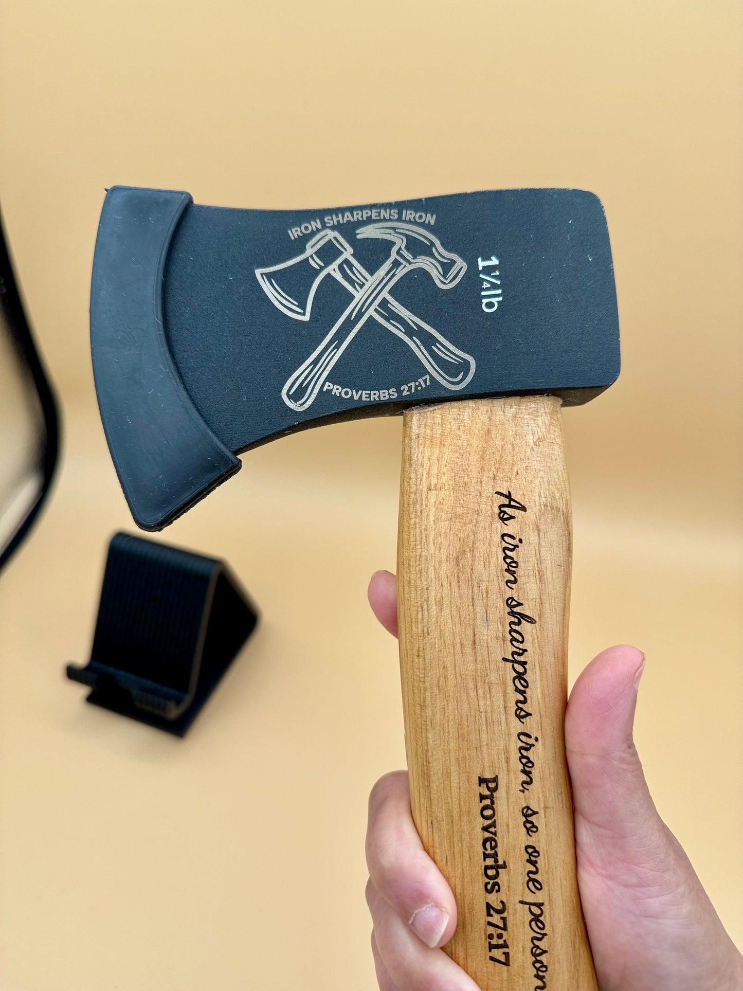 Iron Sharpens Iron Engraved Hickory Camp Axe (Proverbs 27:17) - Iron Sharpens Iron hickory camp axe with crossed axes and Proverbs 27:17 — His Word Designs