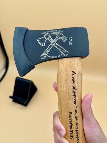 Iron Sharpens Iron Engraved Hickory Camp Axe (Proverbs 27:17) - Iron Sharpens Iron hickory camp axe with crossed axes and Proverbs 27:17 — His Word Designs