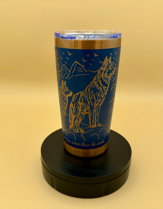 Engraved Wolves in Forest Blue 20 oz Tumbler | Wolf Nature Stainless Steel Travel Mug - HisWord Designs