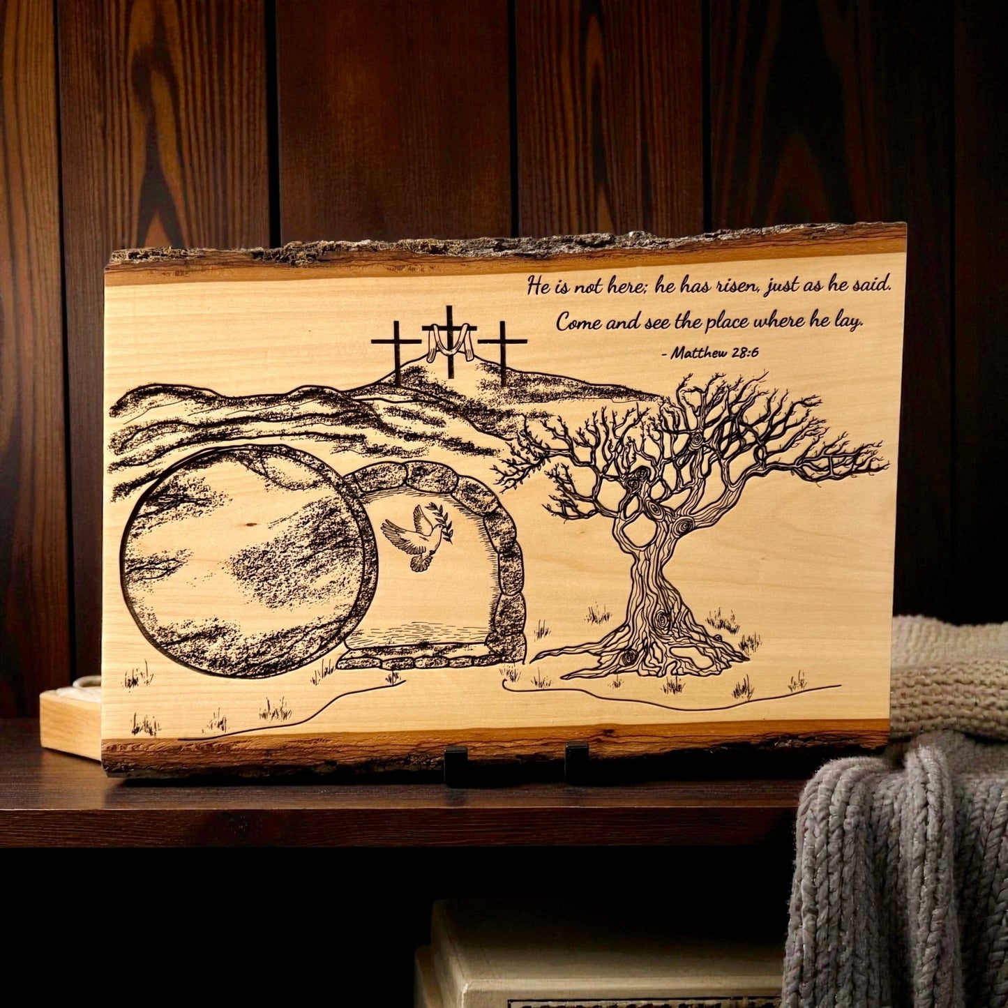 He Is Risen | Matthew 28:6 Engraved Live Edge Wood Wall Art | Resurrection Christian Decor | Empty Tomb Scripture Sign | Easter Faith Art - HisWord Designs