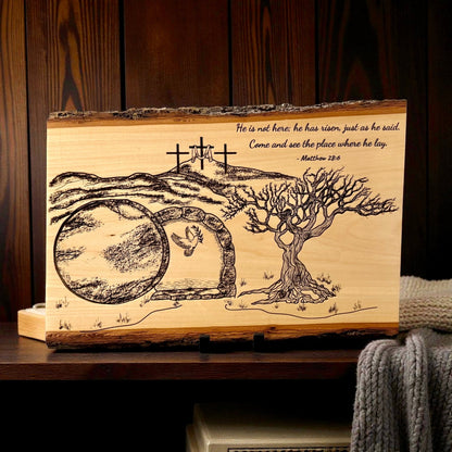 He Is Risen | Matthew 28:6 Engraved Live Edge Wood Wall Art | Resurrection Christian Decor | Empty Tomb Scripture Sign | Easter Faith Art - HisWord Designs