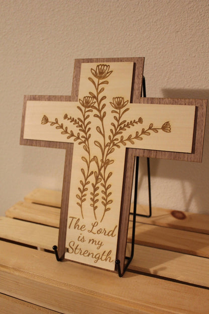 Laser - Engraved Wooden Cross – "The Lord is my strength" Wall Art - HisWord Designs