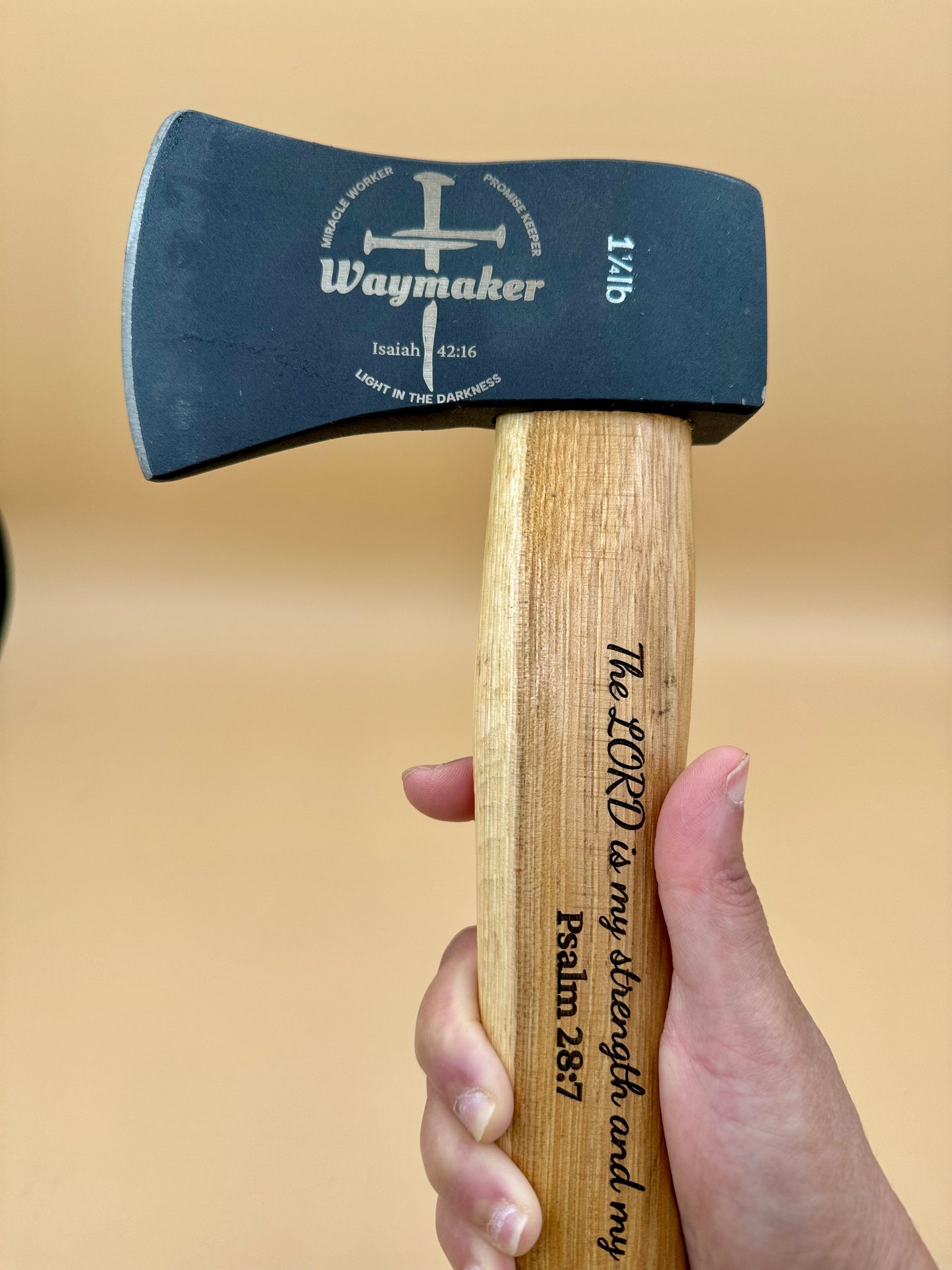 Waymaker Cross Laser Engraved Hickory Camp Hatchet (Psalm 28:7) - Waymaker cross and Isaiah 43:2 engraved axe head with Psalm 28:7 hickory handle — His Word Designs