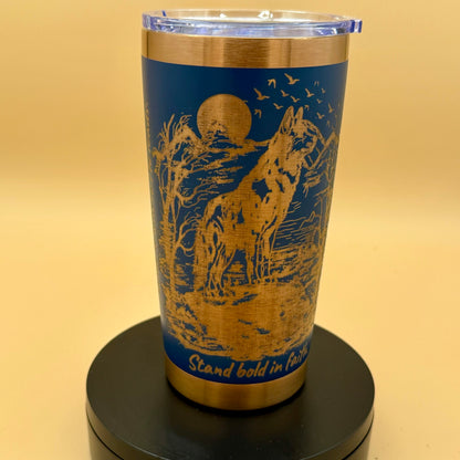 Engraved Bigfoot & Wolf Navy Blue 20 oz Tumbler | Wilderness Faith Travel Mug - HisWord Designs