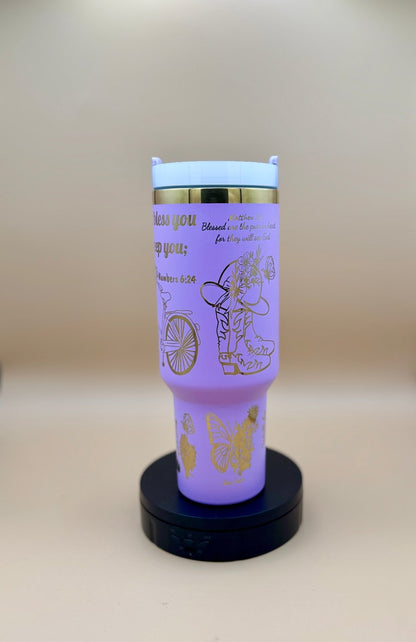 Everything Beautiful" Hand - Drawn 40oz Purple Tumbler – Boho Faith & Country Floral Engraved Travel Mug - His Word Designs