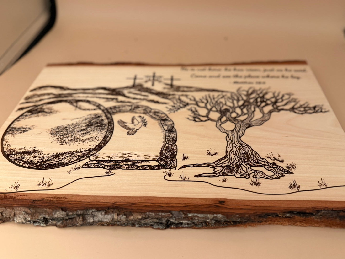 He Is Risen | Matthew 28:6 Engraved Live Edge Wood Wall Art | Resurrection Christian Decor | Empty Tomb Scripture Sign | Easter Faith Art - HisWord Designs