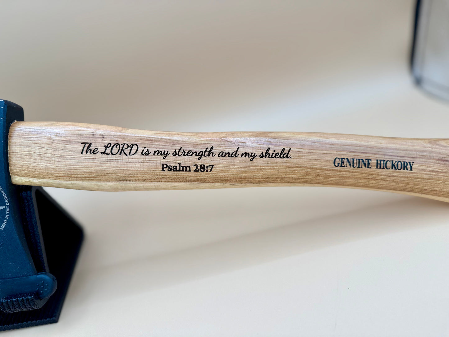 Waymaker Cross Laser Engraved Hickory Camp Hatchet (Psalm 28:7) - Psalm 28:7 strength and shield engraving on genuine hickory hatchet handle — His Word Designs
