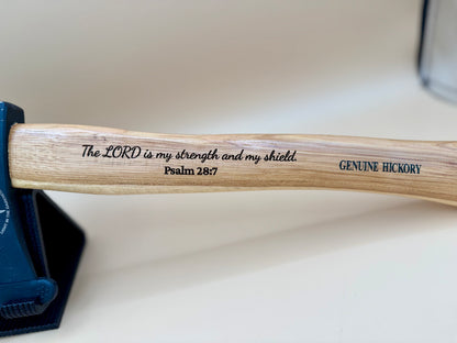 Waymaker Cross Laser Engraved Hickory Camp Hatchet (Psalm 28:7) - Psalm 28:7 strength and shield engraving on genuine hickory hatchet handle — His Word Designs