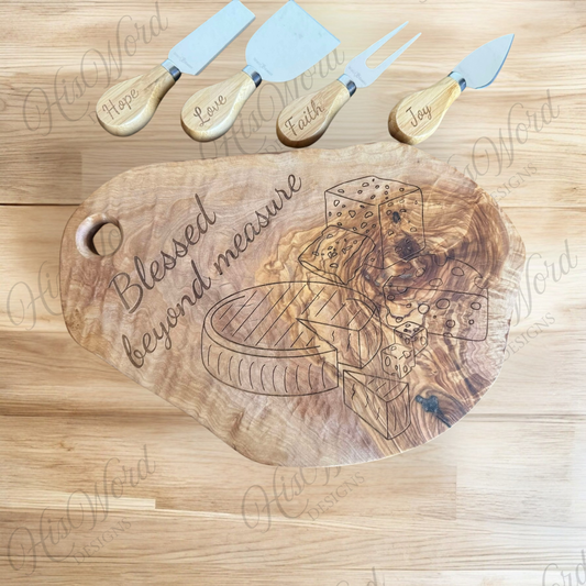 "Blessed Beyond Measure" Engraved Olive Wood Cheese Board Set