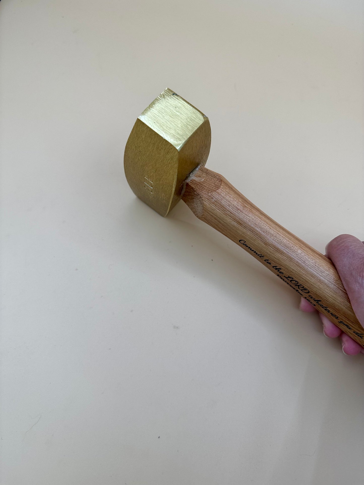 Commit to the Lord 2 lb Solid Brass Mallet / Hammer (Proverbs 16:3) - Angled view of two-pound solid brass mallet and engraved hickory handle — His Word Designs