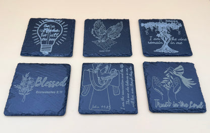 Square Slate Coasters | Engraved Scripture, Nature & Rustic Art - Square Slate Coasters | Engraved Scripture, Nature & Rustic Art