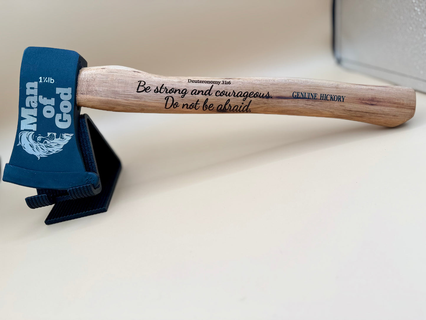Man of God Laser Engraved Hickory Camp Hatchet (Deuteronomy 31:6) - Man of God engraved hickory camp hatchet with Deuteronomy 31:6 message — His Word Designs