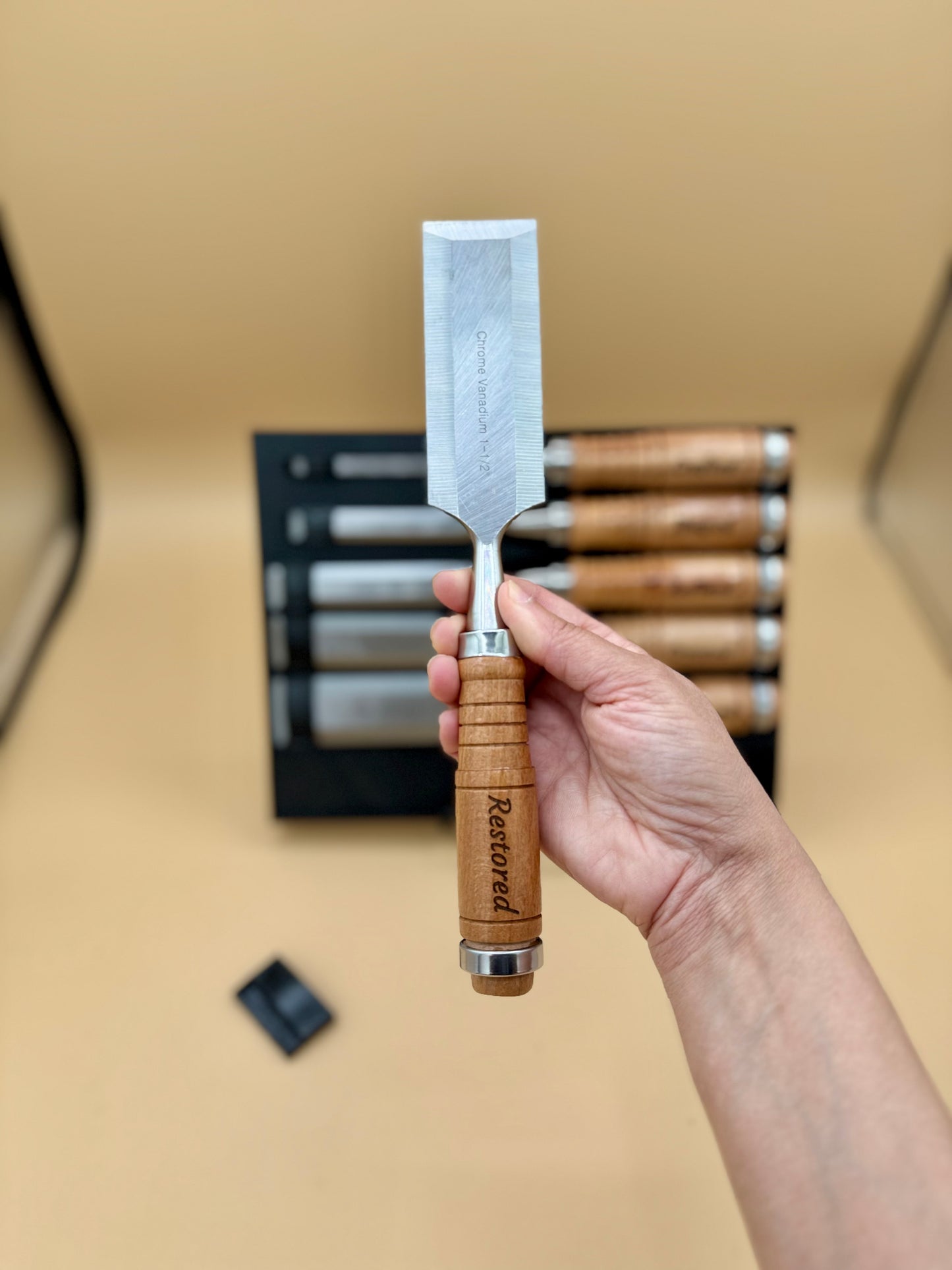 Engraved Hardwood Woodworking Chisel 6-Piece Set - Faith & Craftsmanship - Handheld chrome vanadium woodworking chisel showing its engraved hardwood handle — His Word Designs