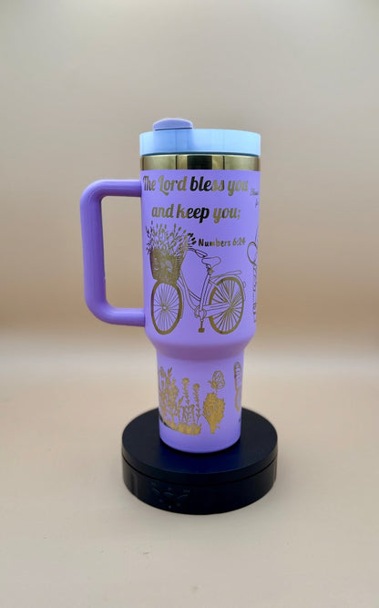 Everything Beautiful" Hand - Drawn 40oz Purple Tumbler – Boho Faith & Country Floral Engraved Travel Mug - His Word Designs