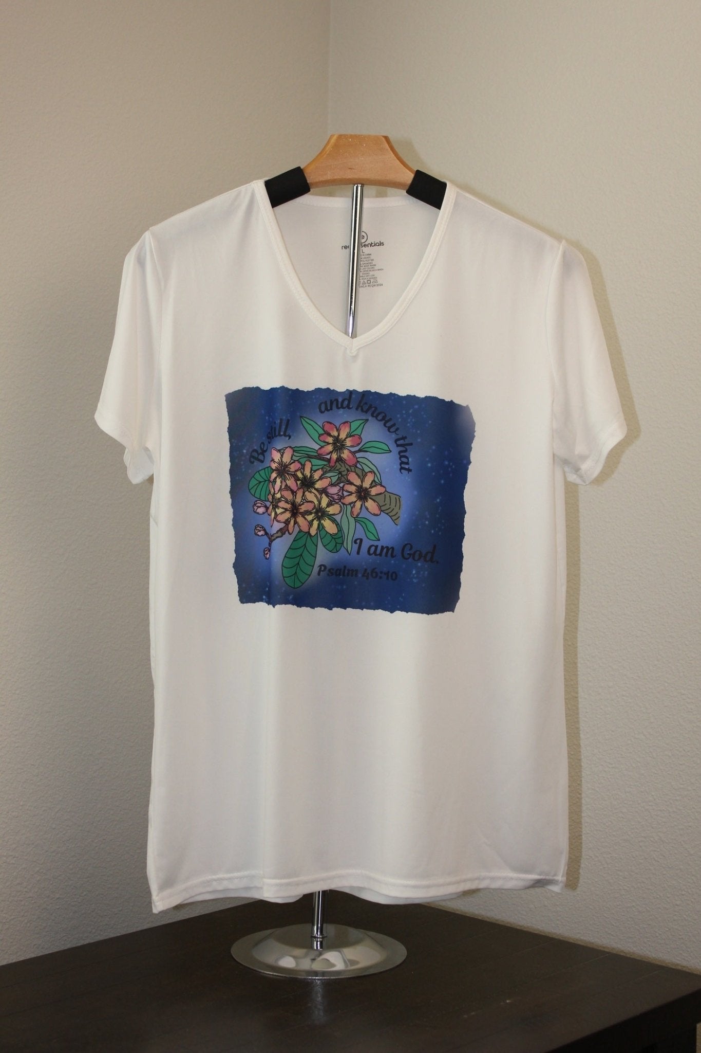 Be Still & Know Women’s V - Neck T-Shirt – Psalm 46:10 Floral Faith Design - HisWord Designs