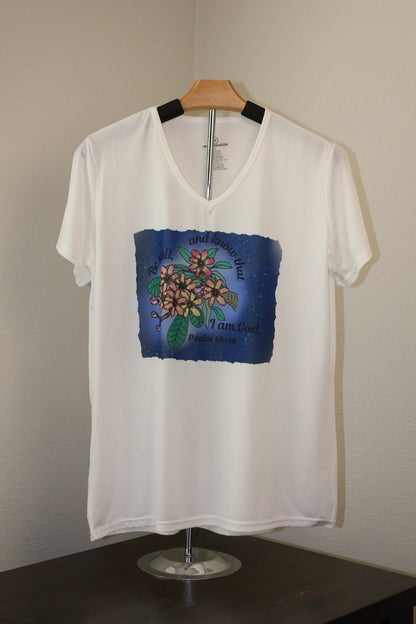 Be Still & Know Women’s V - Neck T-Shirt – Psalm 46:10 Floral Faith Design - HisWord Designs