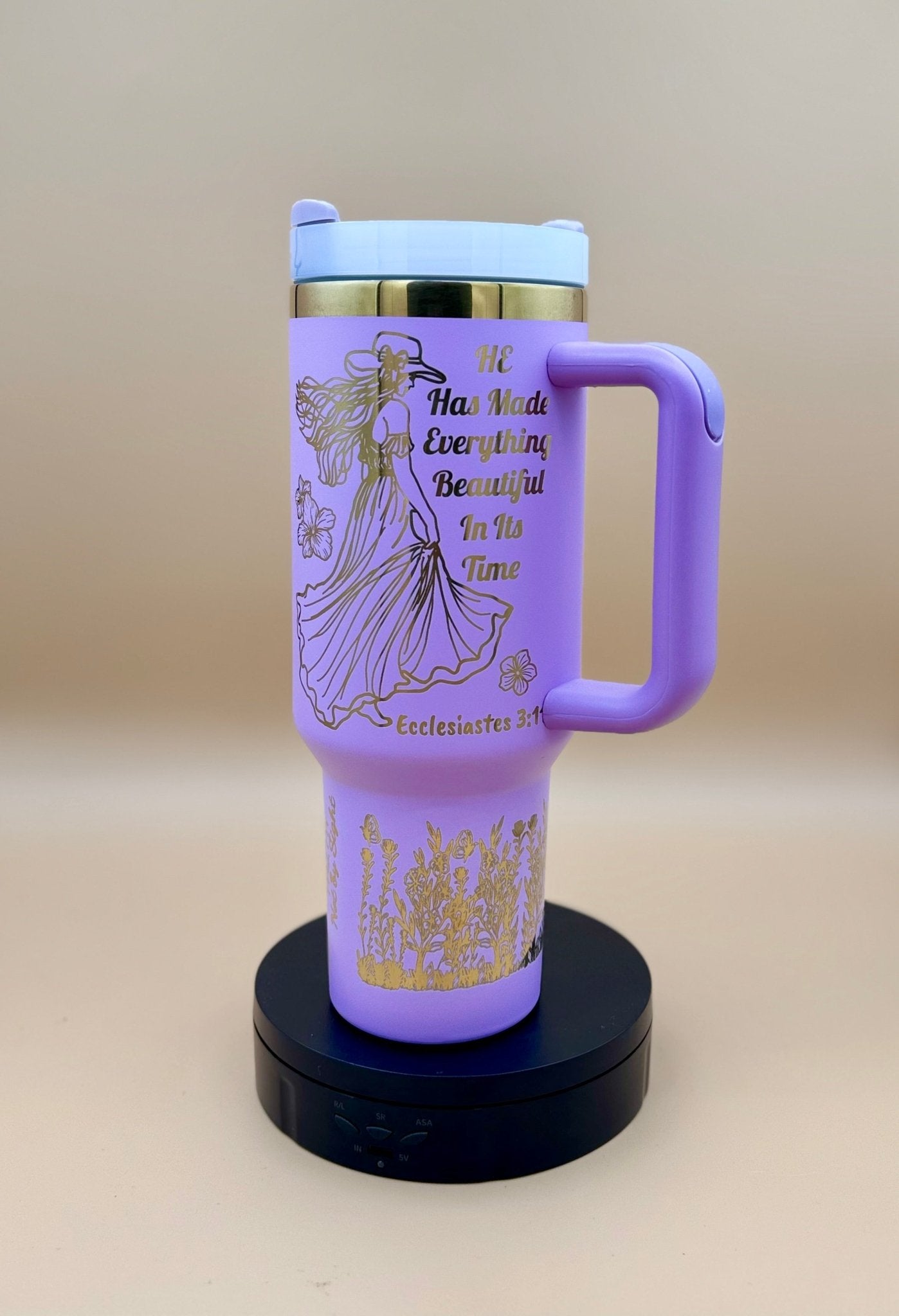 Everything Beautiful" Hand - Drawn 40oz Purple Tumbler – Boho Faith & Country Floral Engraved Travel Mug - His Word Designs
