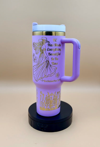 Everything Beautiful" Hand - Drawn 40oz Purple Tumbler – Boho Faith & Country Floral Engraved Travel Mug - His Word Designs
