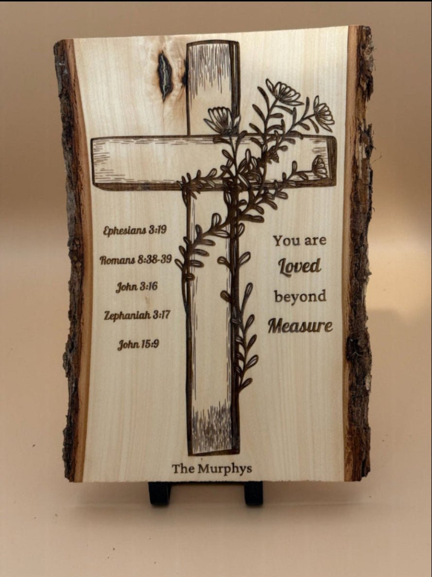 Christian Live Edge Wood Cross Wall Decor – You Are Loved Beyond Measure – Personalized Scripture Family Sign - HisWord Designs