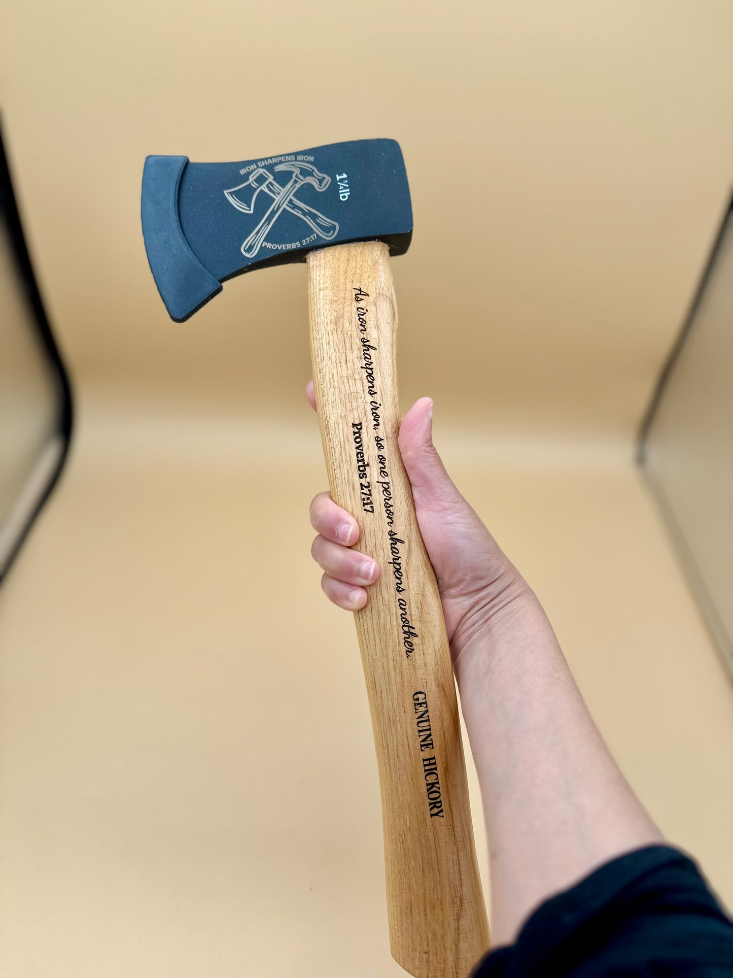 Iron Sharpens Iron Engraved Hickory Camp Axe (Proverbs 27:17) - Iron Sharpens Iron camp axe with crossed-tools head design and Proverbs 27:17 engraving — His Word Designs
