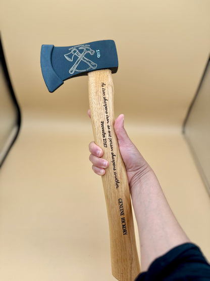 Iron Sharpens Iron Engraved Hickory Camp Axe (Proverbs 27:17) - Iron Sharpens Iron camp axe with crossed-tools head design and Proverbs 27:17 engraving — His Word Designs