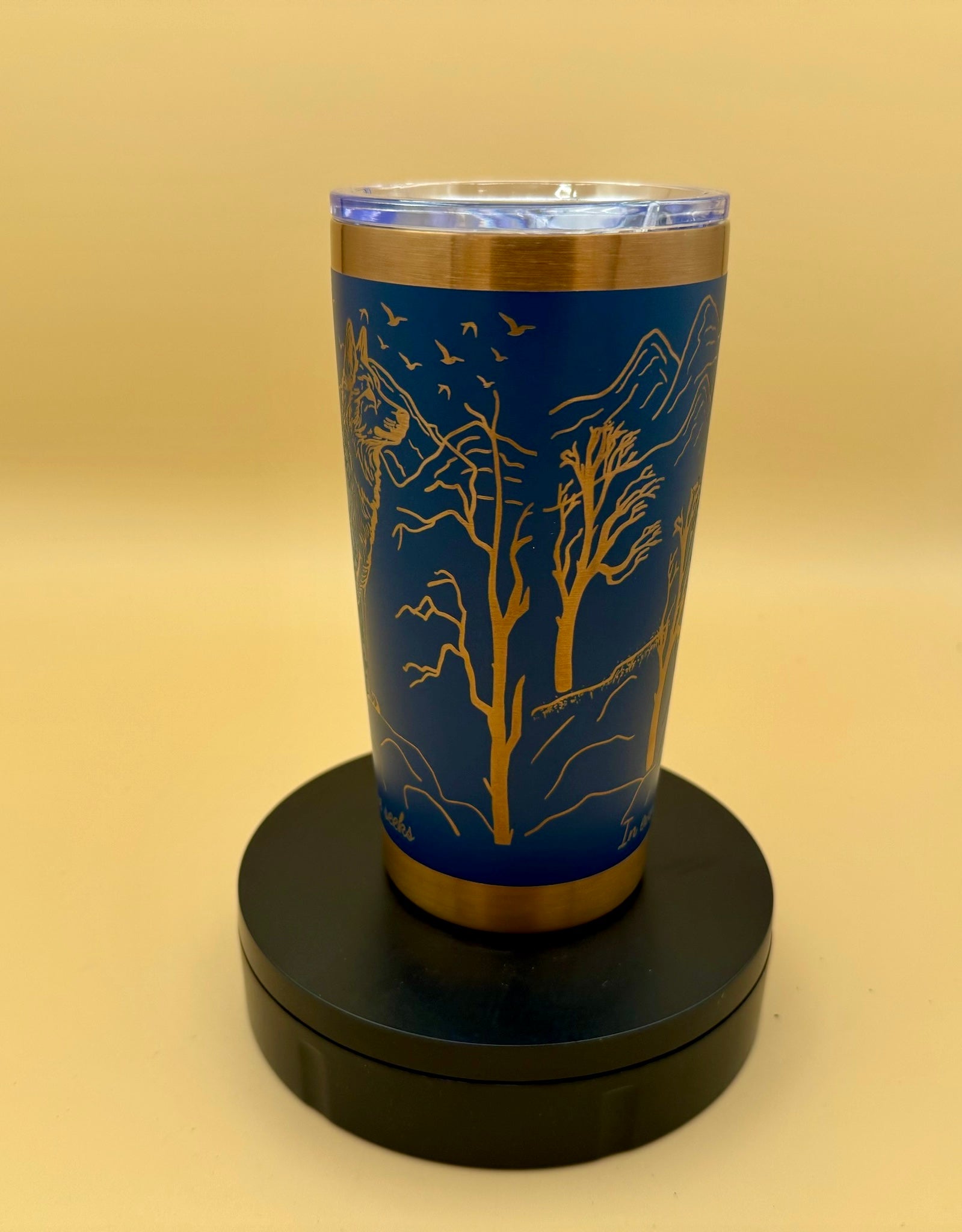 Engraved Wolves in Forest Blue 20 oz Tumbler | Wolf Nature Stainless Steel Travel Mug - His Word Designs